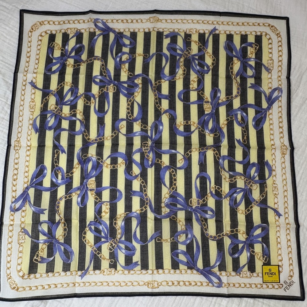Fendi Scarf Handkerchief Bow Chain Cotton Yellow Black Stripe Zucca Logo 18"